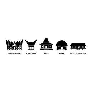 Vector collection of traditional Indonesian house silhouettes. This set includes Rumah Gadang (Minangkabau), Tongkonan (Toraja), Joglo (Java), Honai (Papua), and Dayak Longhouse (Kalimantan).