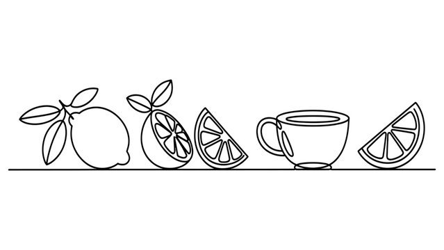 Continuous line drawing of lemon and tea cup vector illustration of citrus fruit and tea cup isolated on white background