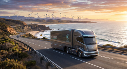 Naklejka premium Sustainable Eco Friendly Electric Logistics Truck Transport Generative Ai