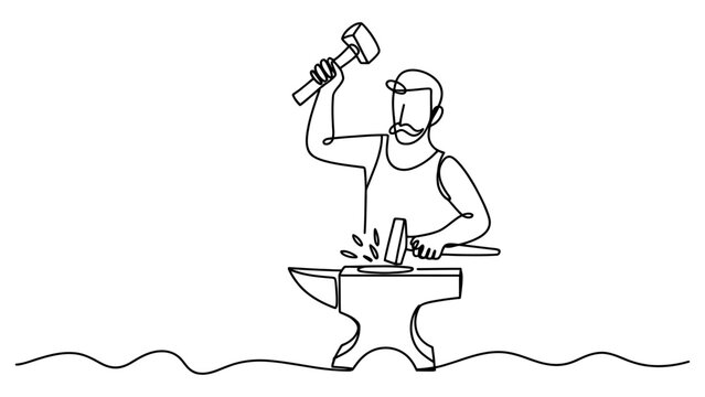 Continuous one line drawing of a blacksmith hammering a piece of metal on an anvil vector illustration of a man working in a workshop