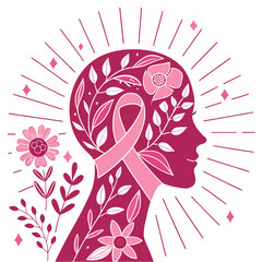 Profile portrait of woman with floral hair and pink ribbon awareness vector art © anarul