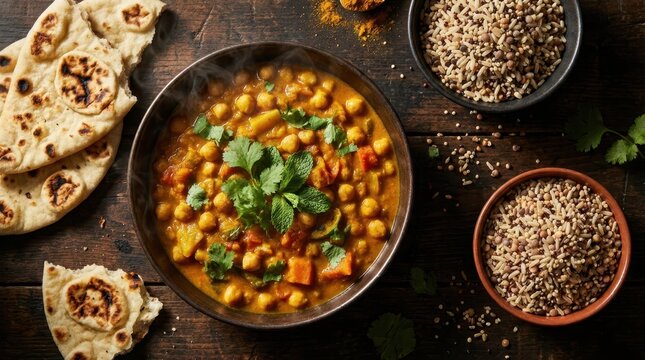 Hearty chickpea curry with naan bread and rice on a rustic wooden table