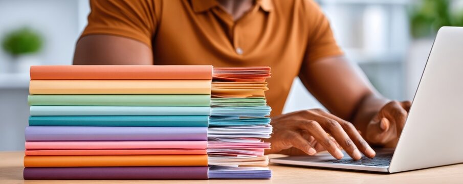 Person working at laptop next to a colorful stack of organized documents on desk