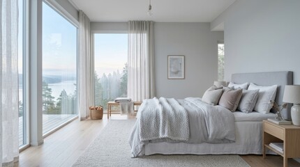 Fototapeta premium Serene bedroom with panoramic lake and forest views from floor-to-ceiling windows