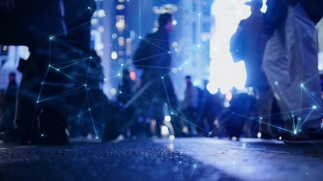 City, night, people, walking, connections, blue, network, urban, lights, bokeh