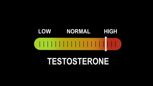 Dynamic testosterone level indicator gauge animation showing fluctuating hormone levels from low to normal and ranges for medical health research and biological performance