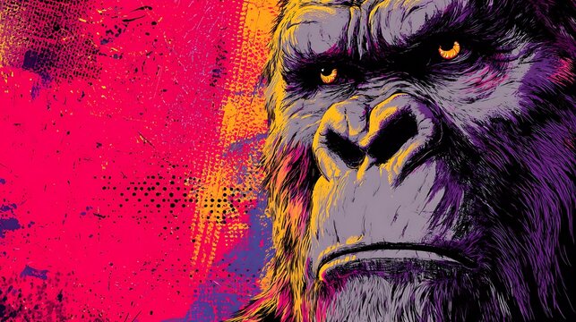 Digital art featuring a stern-faced ape against a vibrant, textured, abstract backdrop
