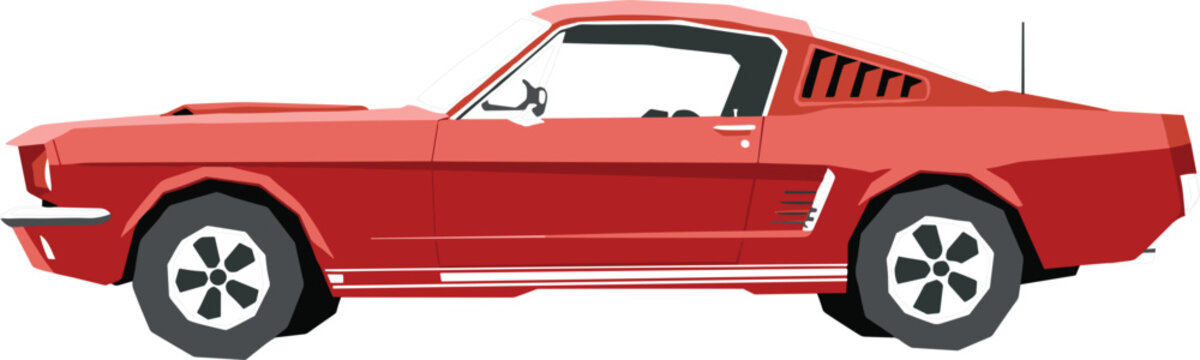 Classic red vintage muscle car vector illustration side profile view of American retro high performance coupe