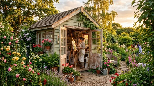 Artist painting in a charming garden studio surrounded by blooming flowers at sunset