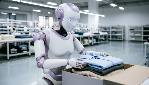 Humanoid robot folding clothes into a cardboard box in a warehouse