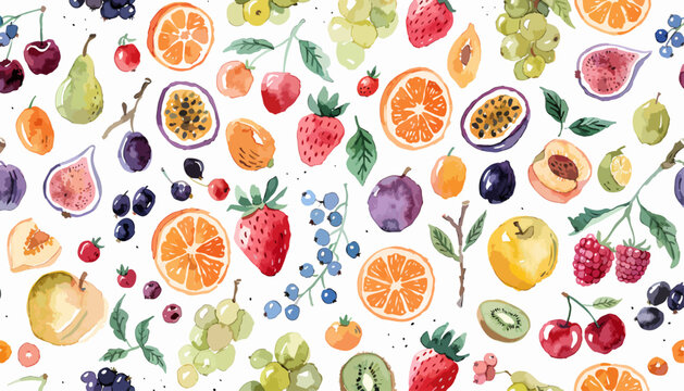 Fresh fruit watercolor seamless illustration with oranges blackberries and fig halves