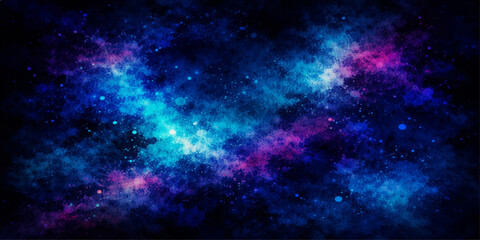An abstract dark blue cosmos background featuring a bright fantasy nebula and glowing stars scattered across deep outer space © Kazim