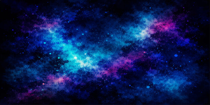 An abstract dark blue cosmos background featuring a bright fantasy nebula and glowing stars scattered across deep outer space