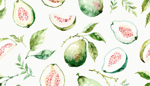 Bright tropical guava pattern featuring hand painted watercolor fruit compositions scattered