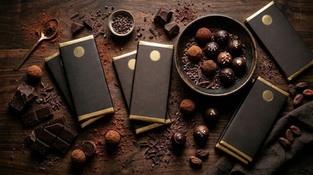 Luxurious dark chocolate bars and truffles artfully arranged on a wooden surface
