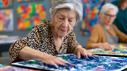 Fototapeta premium Elderly woman in community center art therapy session pressing paint-covered hands onto canvas paper, her caregiver watching nearby, both surrounded by finished abstract artwork displayed on institu