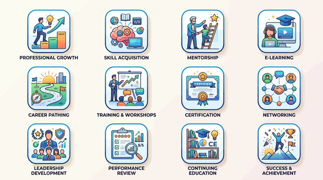 Set of Icons Representing Professional Development and Career Growth Concepts.