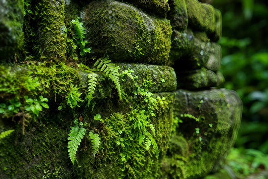 Green moss and ferns on stone wall