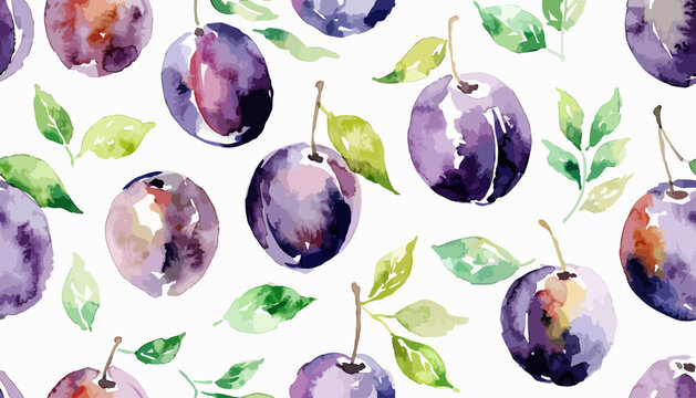 Bright watercolor plum pattern featuring artistic fruit splash compositions naturally scattered