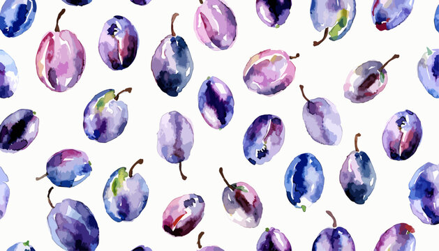 Creative botanical plum watercolor pattern inspired by fresh countryside harvest themes