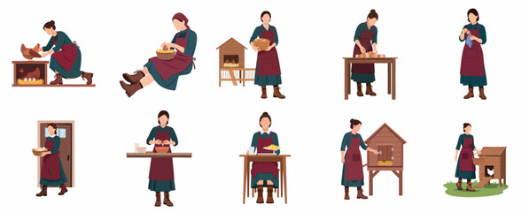 Set of flat vector illustrations featuring a woman farmer collecting, cleaning, cooking, and eating fresh organic eggs from a chicken coop in a rural farm setting. © Sego