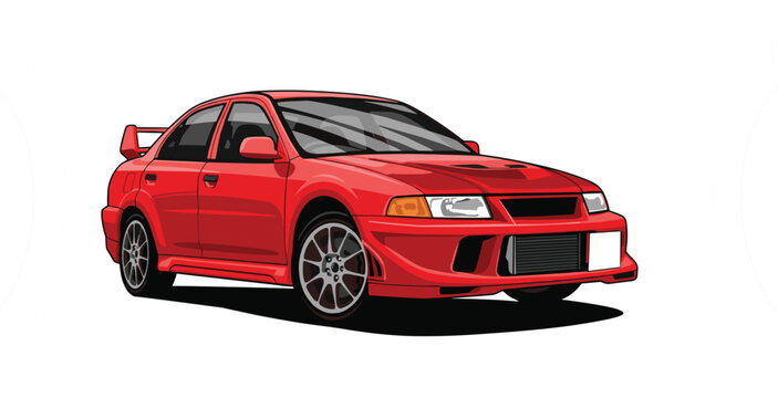 Red Japanese rally sports sedan vector illustration featuring aerodynamic spoiler custom wheels and front intercooler design