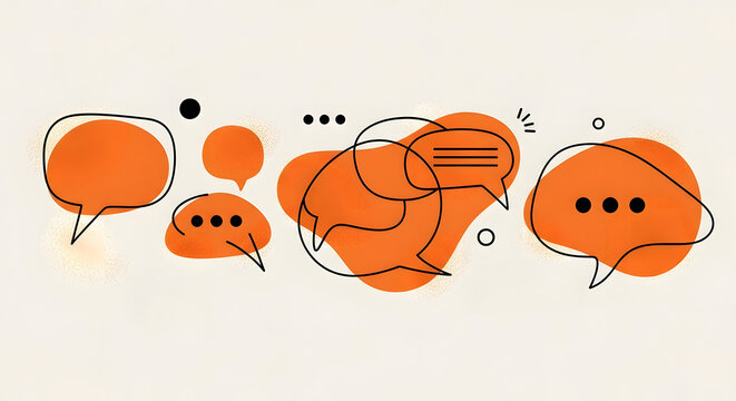 Modern speech bubbles and dialogue boxes with stipple texture. Communication and messaging concept. Orange conversational clouds and quote marks for social media feedback