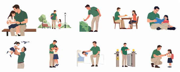 Fototapeta premium Flat vector set of a father and daughter engaging in various daily bonding activities like reading, eating, and walking to school.