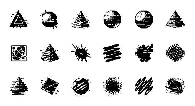 Geometric shapes and artistic stipple textured elements. Minimalist design and abstract patterns. Collection of 3d forms spheres, pyramids cubes, and rings on a white background