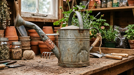 Naklejka premium Antique galvanized metal watering can with plants, rustic garden setting