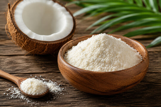Organic Coconut Milk Powder with Fresh Coconut on Rustic Wooden Table