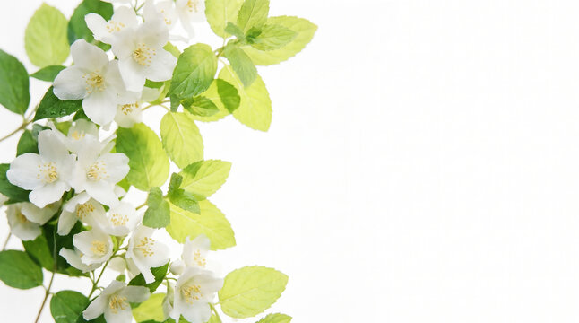 White jasmine blossoms and green mint leaves on the left of a white background with wide right copy space