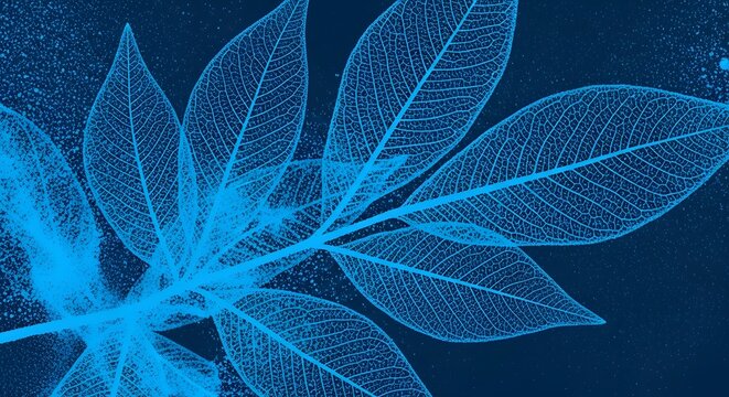 Artistic skeletonized leaf pattern with stipple dot texture. Nature-inspired decorative design. Blue gradient foliage overlay on dark background for creative graphic projects.
