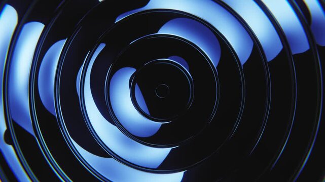 Dark circular glass loop background with blue neon reflective rings