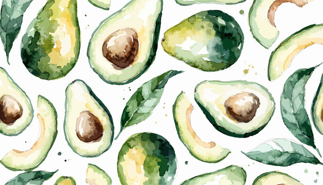 Bright avocado watercolor pattern featuring artistic fruit splash compositions naturally scattered