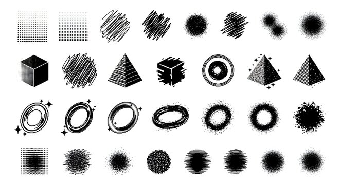 Geometric shapes and artistic stipple textured elements. Minimalist design and abstract patterns. Collection of 3d forms spheres pyramids cubes and rings on a white background