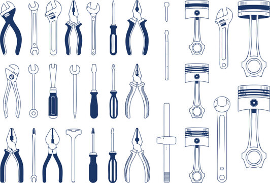 Collection of mechanical tools and engine pistons