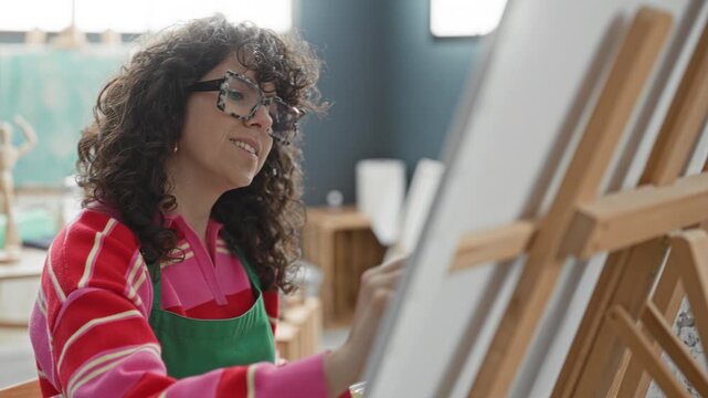 Woman painting on canvas with brush, hand making a brushstroke while wearing apron in studio; serenity creative focus.
