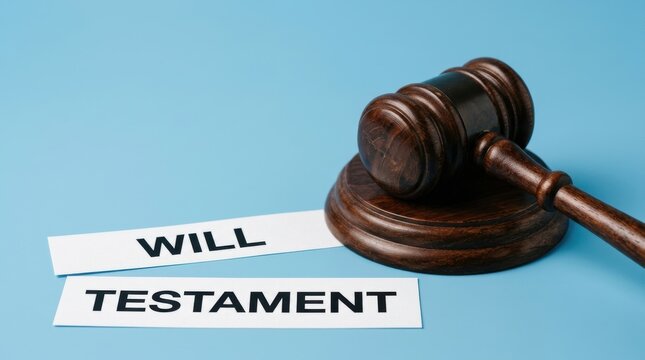 Legal will and testament documents with wooden judge gavel, inheritance law concept, estate planning and probate court services on blue background