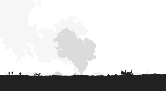 Silhouetted soldiers in desolate landscape with smoke plumes and debris