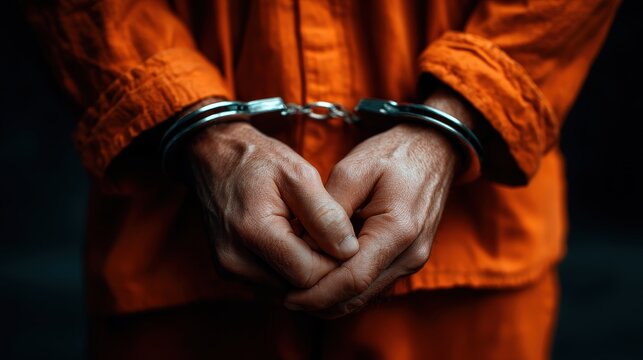Close-up of handcuffed hands of a prisoner wearing an orange jumpsuit