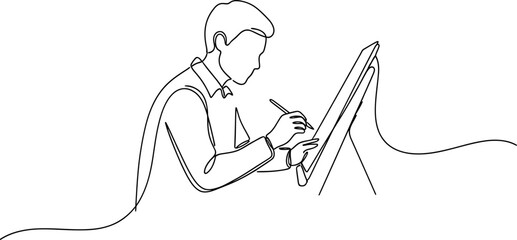 Fototapeta na wymiar Artist drawing on tablet, continuous line art, minimalist, creative process
