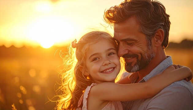 A joyful father embraces his young daughter in a vibrant, sun-kissed field, sharing a deep bond and creating cherished memories during a beautiful sunset