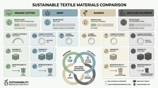 Infographic Sustainable Textile Comparison. Environmental Footprint, Resource Usage, Benefits of Organic Cotton, Hemp, Bamboo, Recycled Polyester
