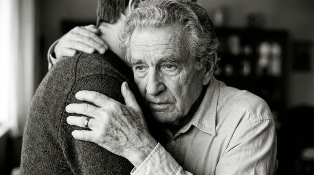 Black and white photo of elderly man hugging young man, possibly grandson, face expressing deep emotion, sadness or tiredness, dramatic moment, family, love, aging.
