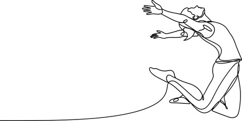 Continuous line drawing of a dancer jumping with arms outstretched, celebrating freedom and movement. © steven