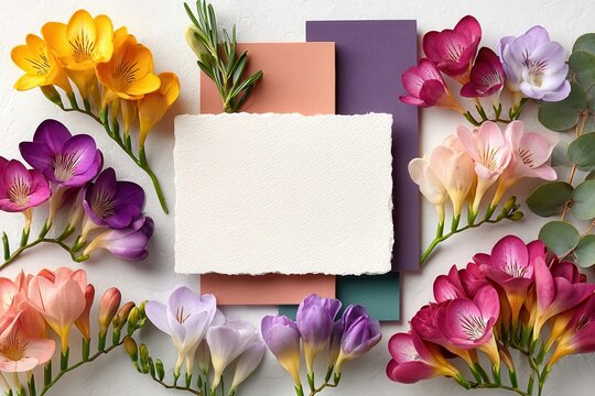 Blank white card mockup surrounded by colorful freesia flowers and textured paper flat lay