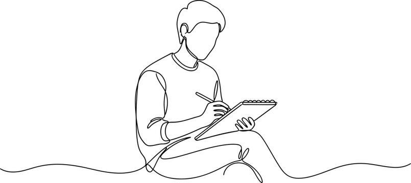 Continuous line drawing of a person writing in a notebook, minimalist art