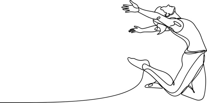 Continuous line drawing of a dancer jumping with arms outstretched, celebrating freedom and movement.