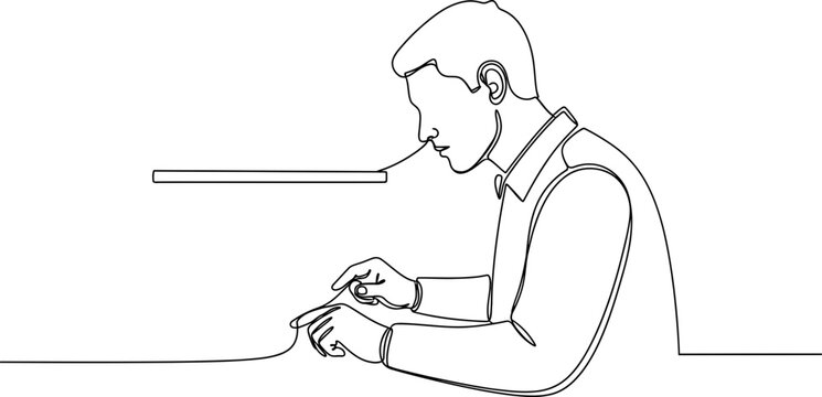 Man focused on sewing, single line art illustration
